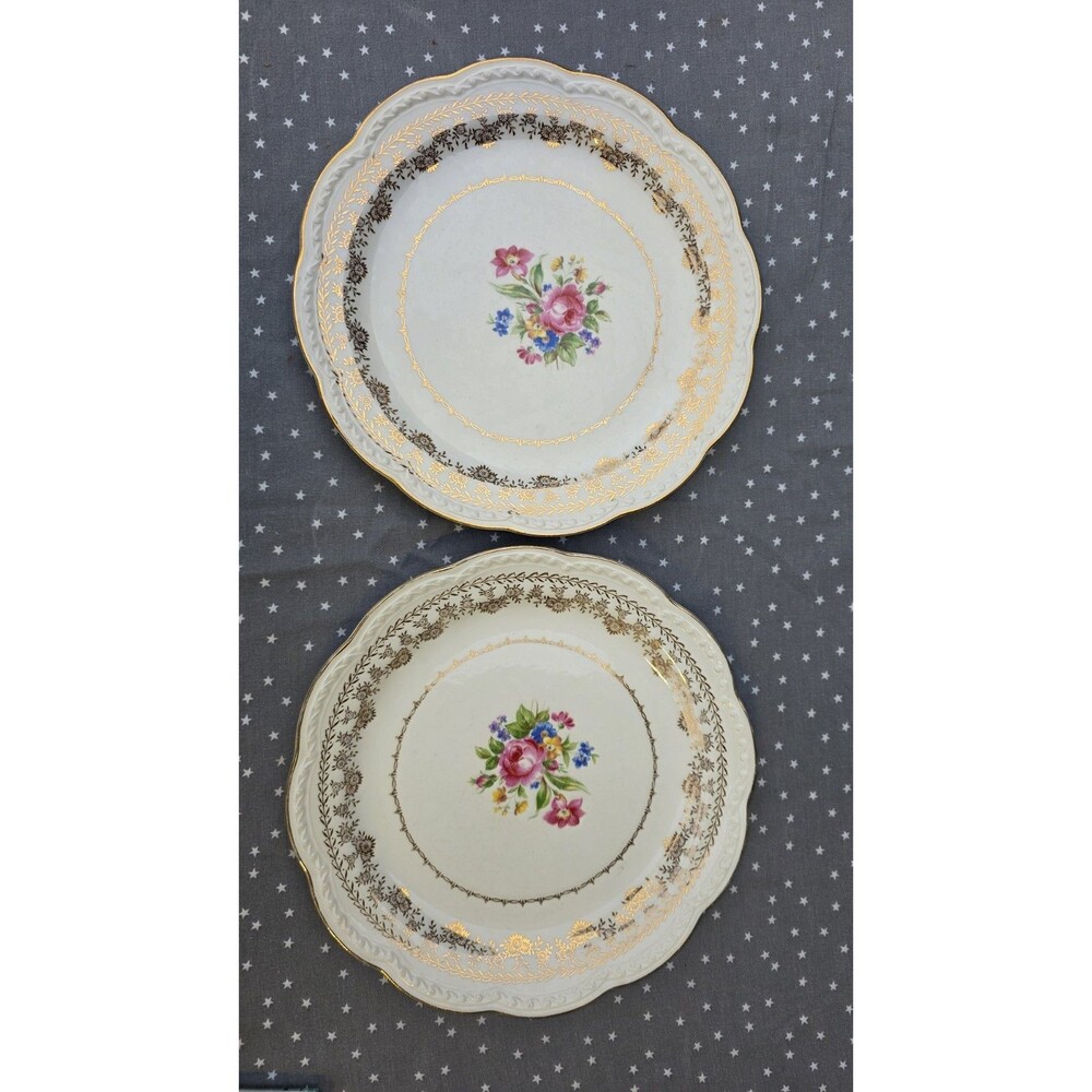 Stetson American Beauty Dinner Plates Set Floral 22K Gold 10" Vintage (2 Plates)